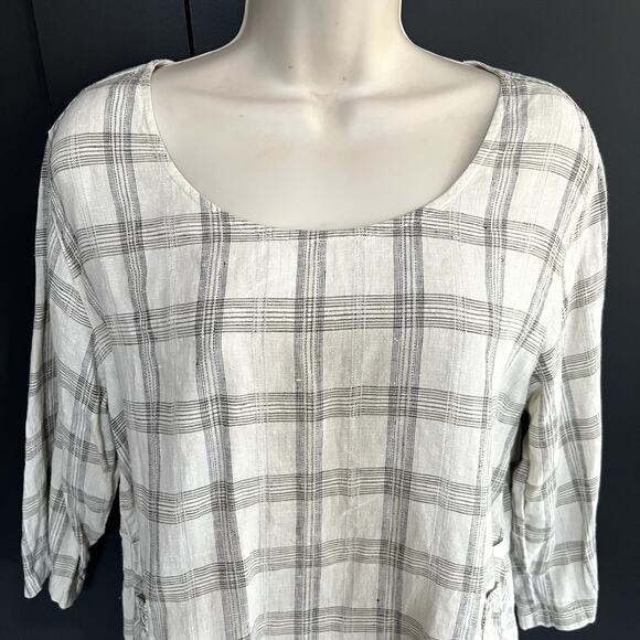 Kleen 100% Linen 3/4 Sleeve Plaid Top Boxy Cut High Low Minimalist Womens M - Picture 5 of 9